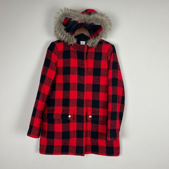 J Crew Jacket Womens 6 Red Vail Parka Coat Buffalo Check Plaid‎ Faux Fur Hood - Picture 1 of 13